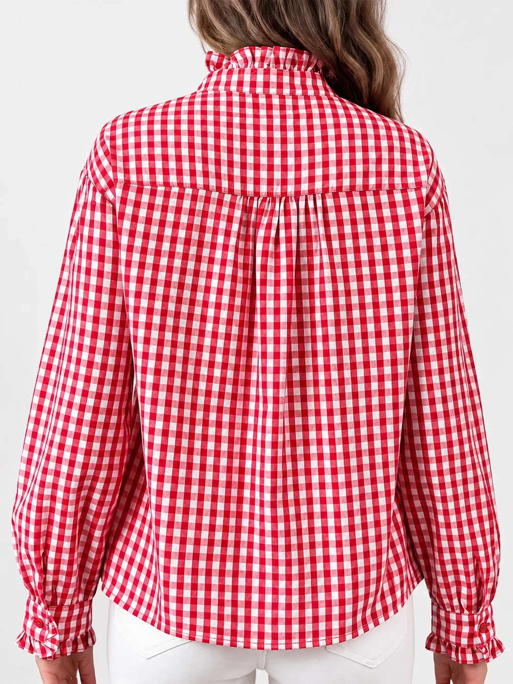 Gingham Ruffle Trim Stand Collar Shirt, image 3