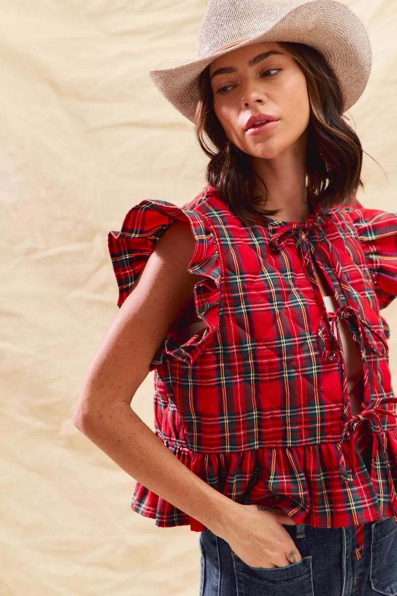 Christmas Holiday Plaid Ruffled Quilt Vest Top, image 3
