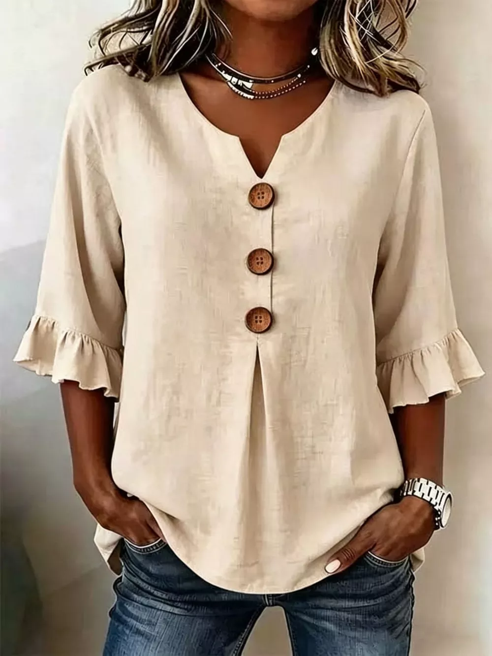 Full Size Casual Ruffle‑Sleeve Decor‑Button Top Plus Size, image 9