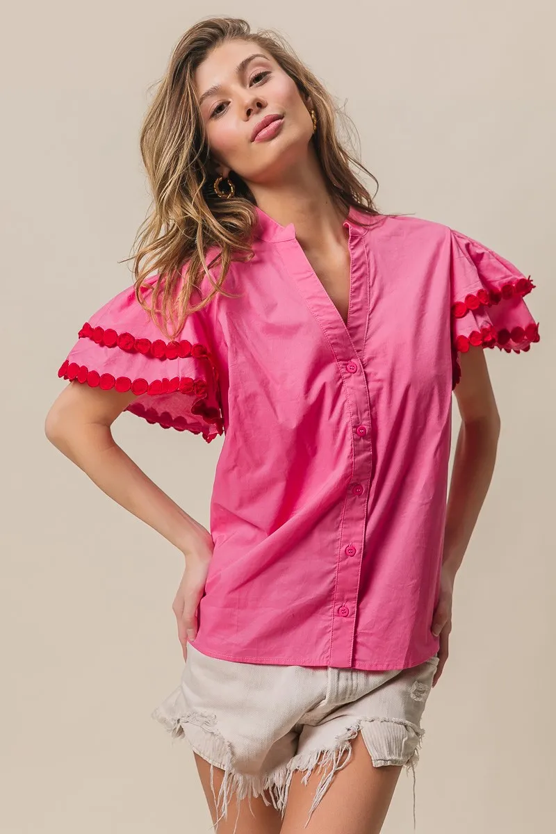 Dot Trim Flutter Sleeve Notched Top, image 8