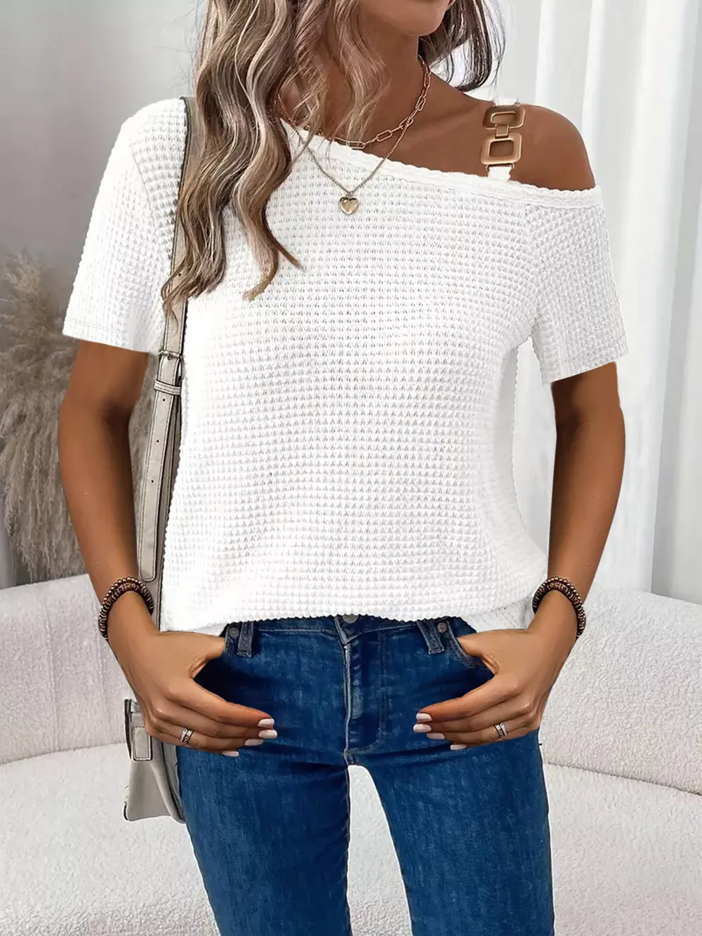One-Shoulder Chain Detail Waffle Knit T-Shirt, image 4