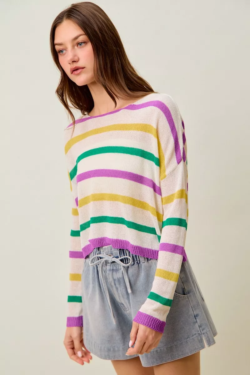 Mardi Gras Color Stripe Lightweight Sweater Top, image 10