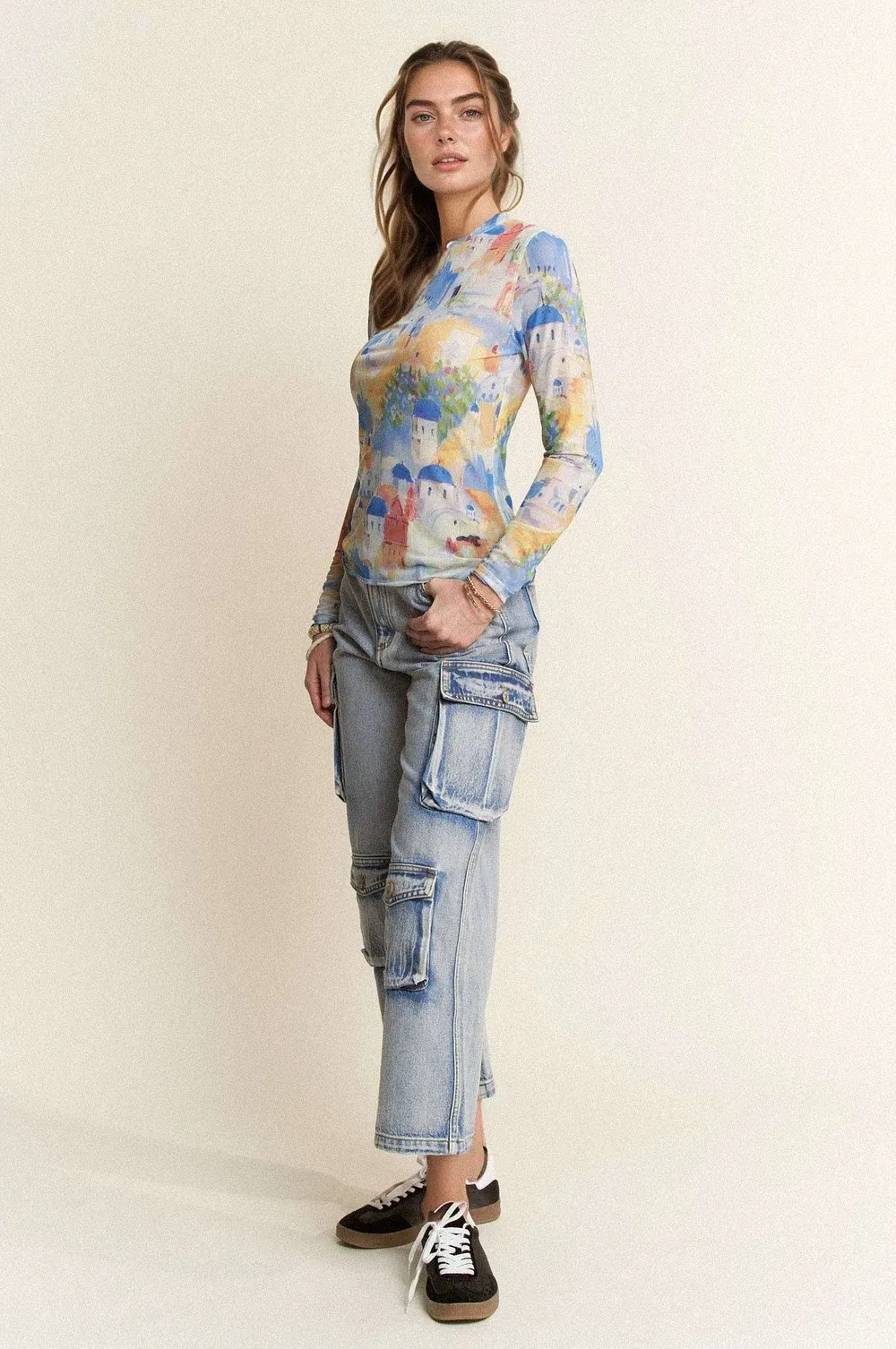 Multi Printed Mesh Round Neck Long Sleeve Top, image 4