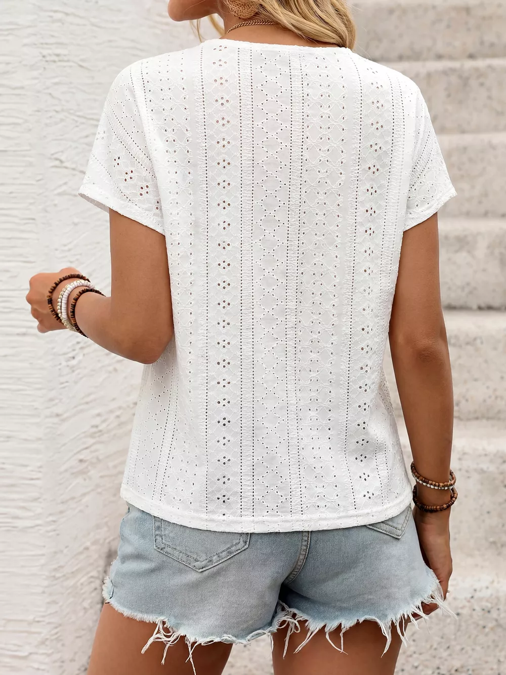 Eyelet V-Neck Short Sleeve Top, image 6