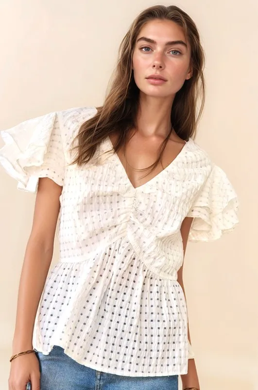 Shirring V-Neck Ruffle Gingham Plaid Printed Top, image 2