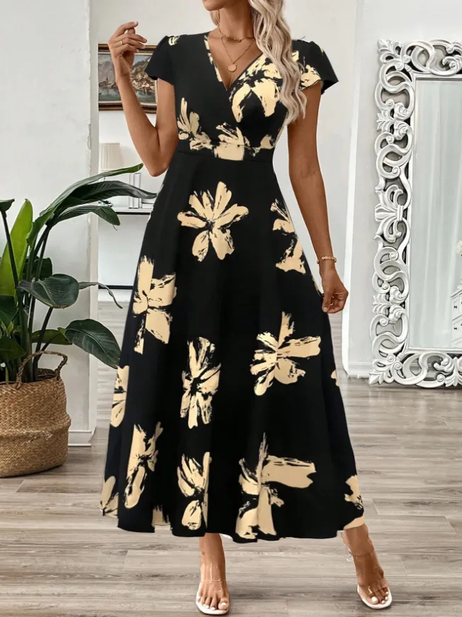 Printed Surplice Wrap Midi Dress, image 3