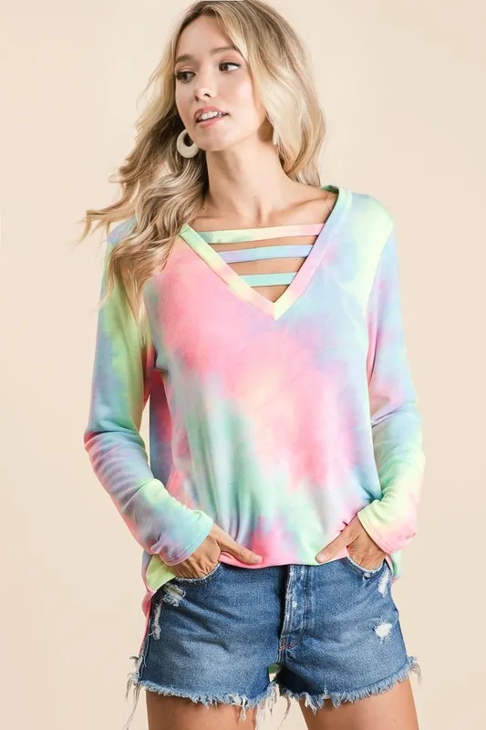 Tie Dye French Terry V-Neck Top with Strapped, image 2