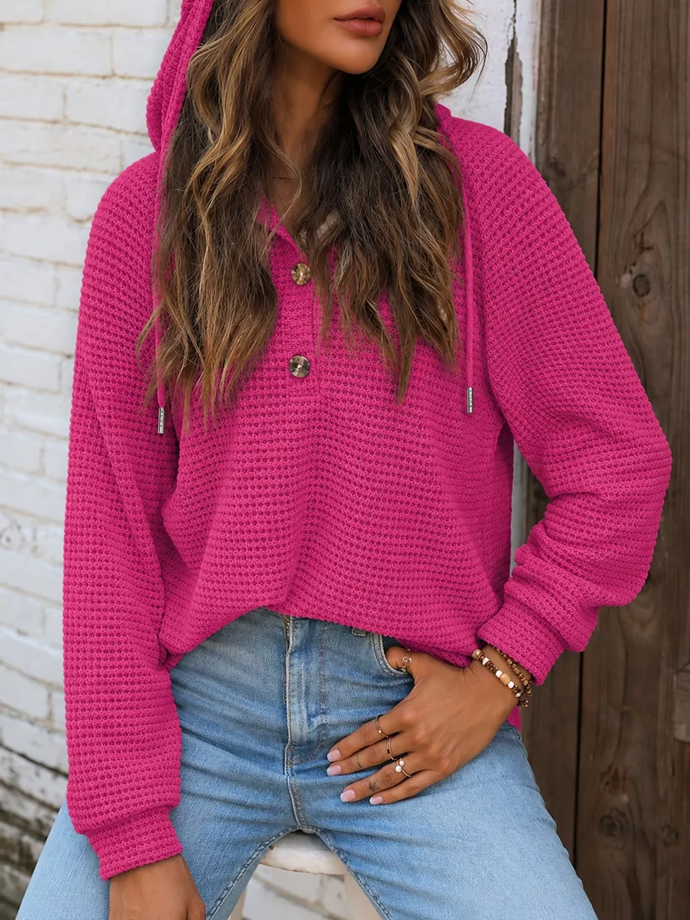 Full Size Waffle Knit Button Detail Hoodie Plus Size, image 52