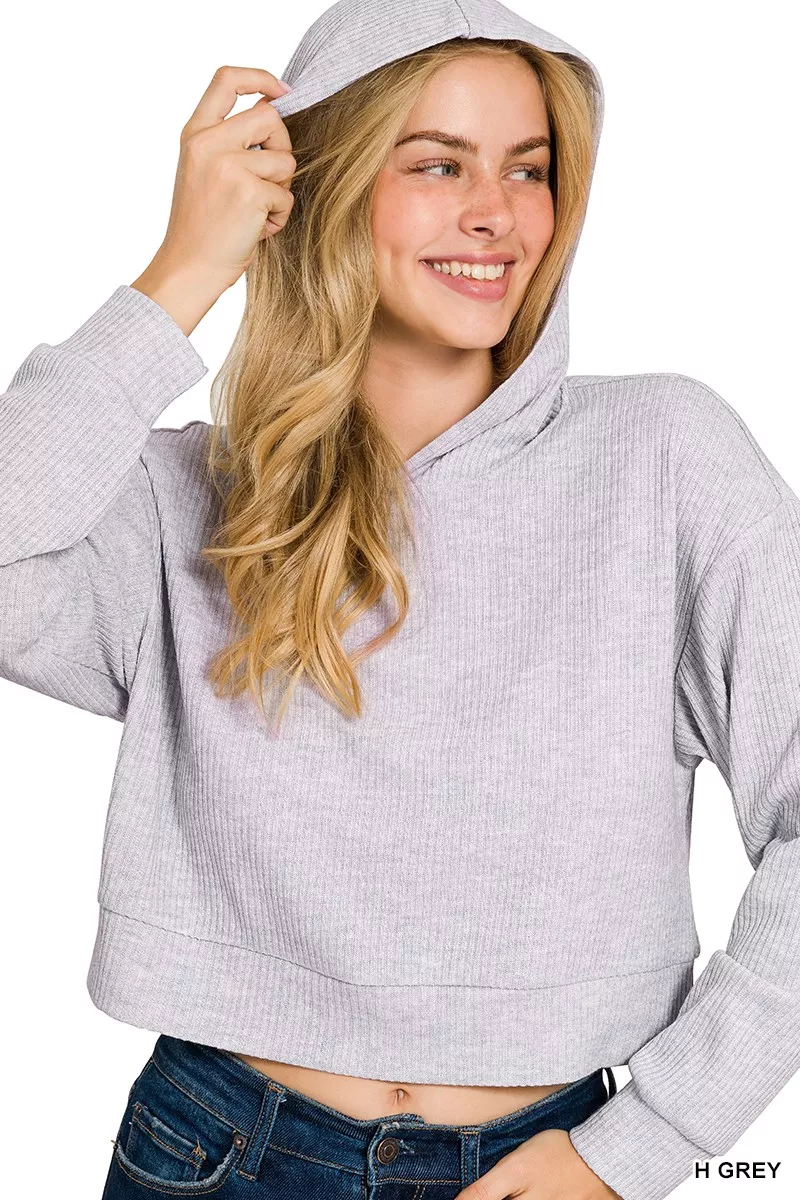 Drop Shoulder Ribbed Crop Hoodie, image 2