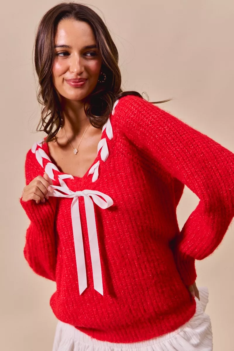 Satin Tape Braided Ribbon Tie V Neck Sweater, image 5