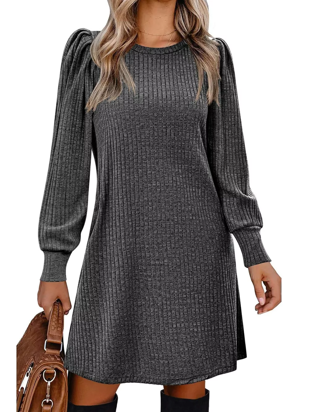 Puff Sleeve Ribbed Knit Dress with Pockets, image 2