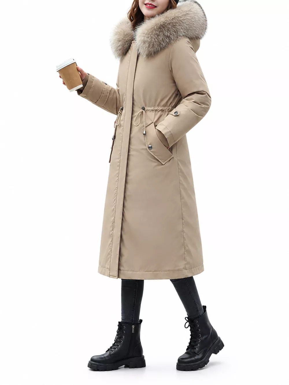 Plus Size Detachable Longline Hooded Parka with Faux Fur Trim and Drawstring Waist, image 4