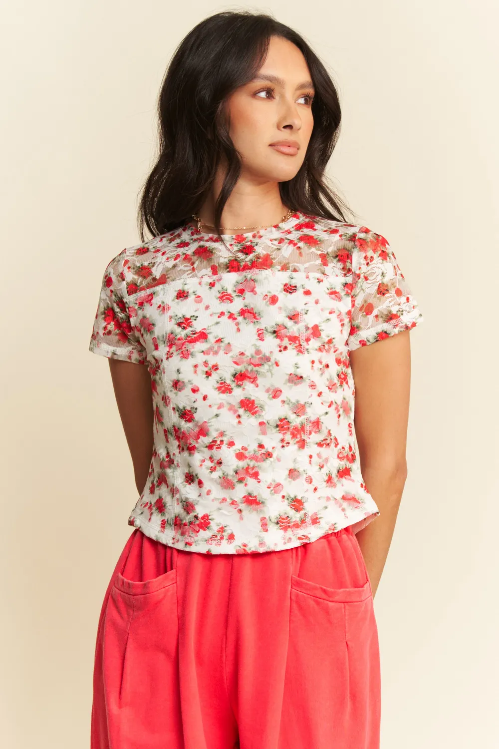 Ribbon Short Sleeve Layered Mesh Top, image 3