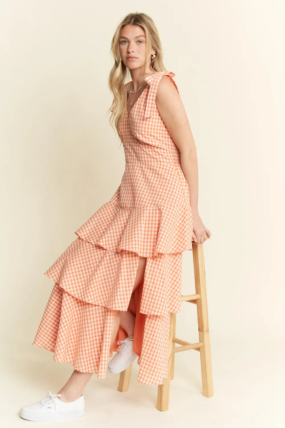 Sleeveless Gingham Print Tiered Midi Dress, image 7
