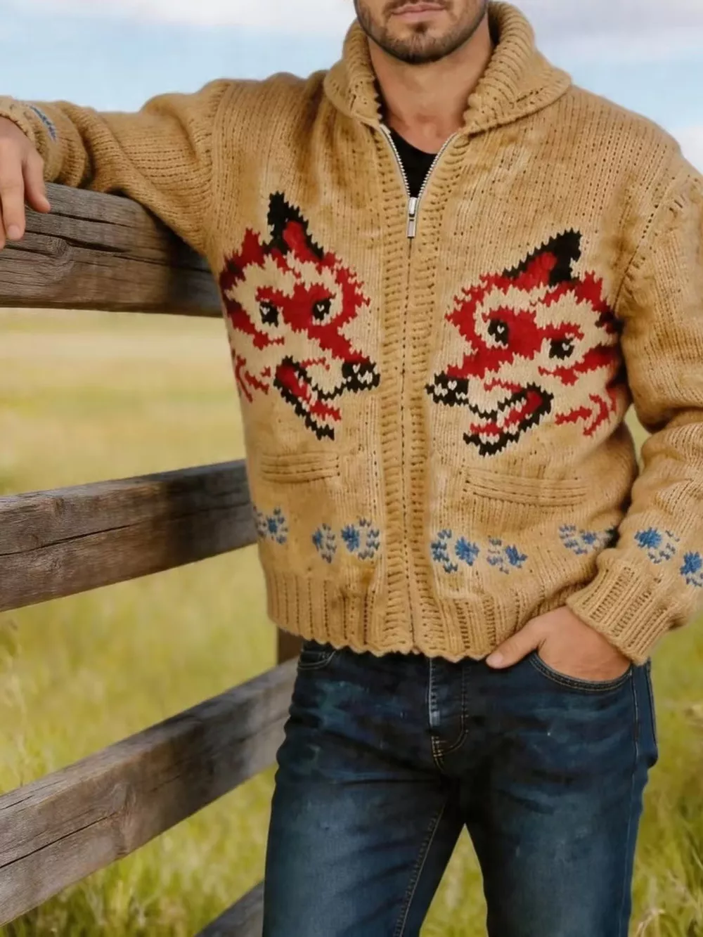 Men's Full Size Animal Chunky Knit Zip-Up Cardigan Plus Size, image 10