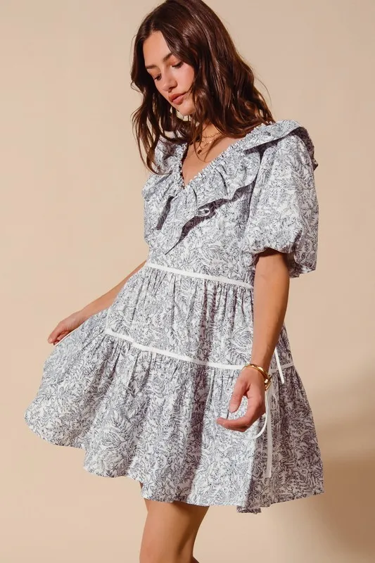 Cotton Printed Ruffle V Neckline Dress with Side Tie, image 5
