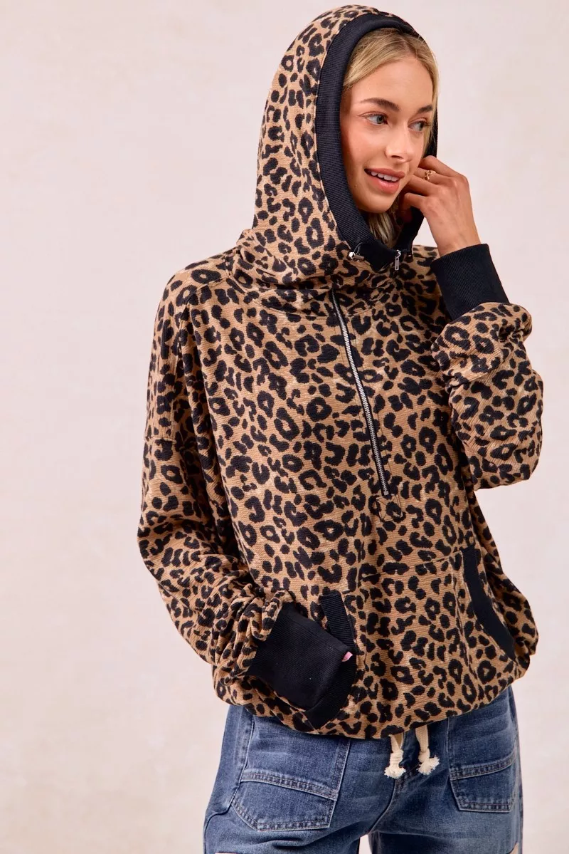Leopard Print Waffle Half Zip Up Hoodie W Pocket, image 3