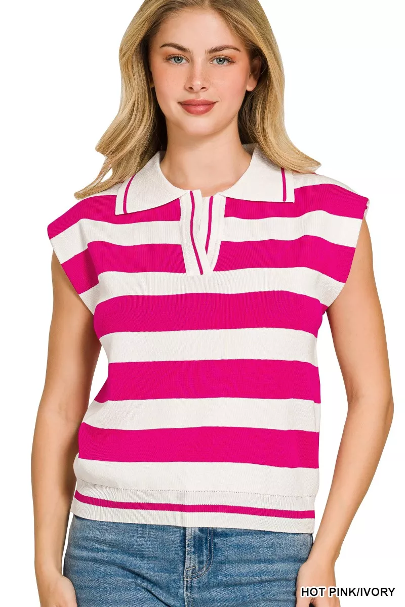 Viscose Striped Collared Sweater Vest