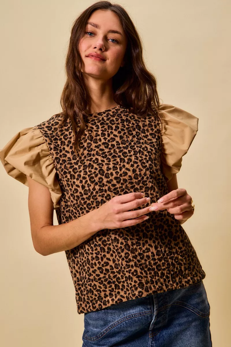 Leopard Pointelle Knit Top with Puff Sleeves, image 5