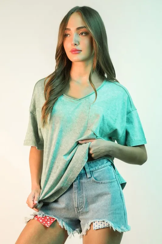Raw Hem Pocketed Contrast Washed Denim Shorts, image 5