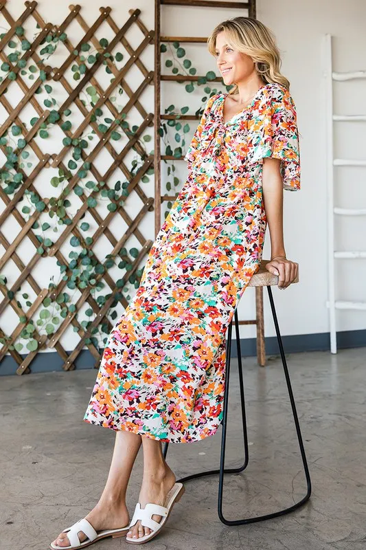 Floral Print Sweetheart Neck Tie Front Midi Dress, image 7