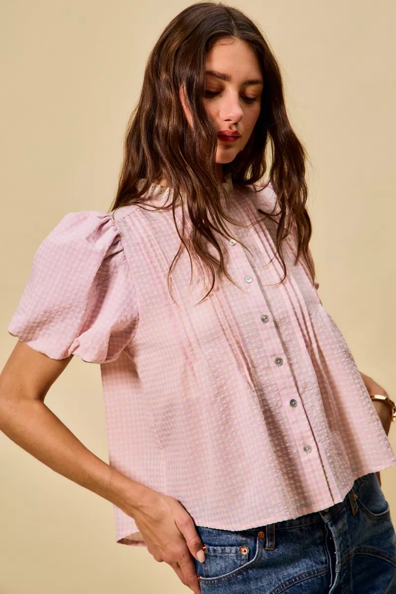 Gingham Lace Trim Button Bubble Sleeves Blouse, image 13