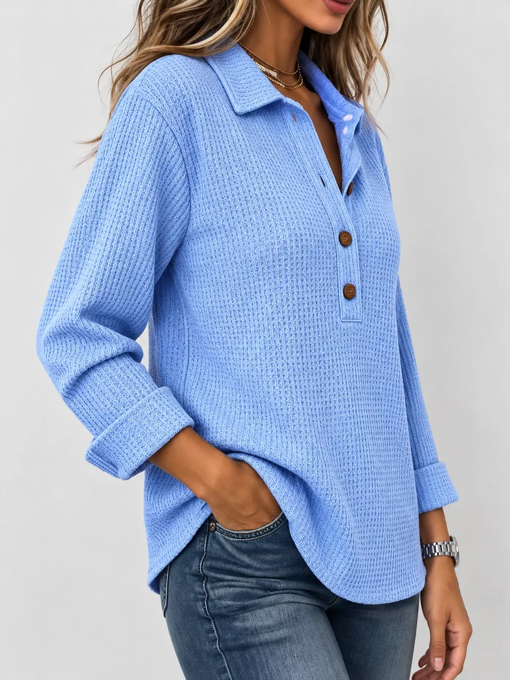 Full Size Waffle Knit Long Sleeve Polo Top Plus Size, image 4