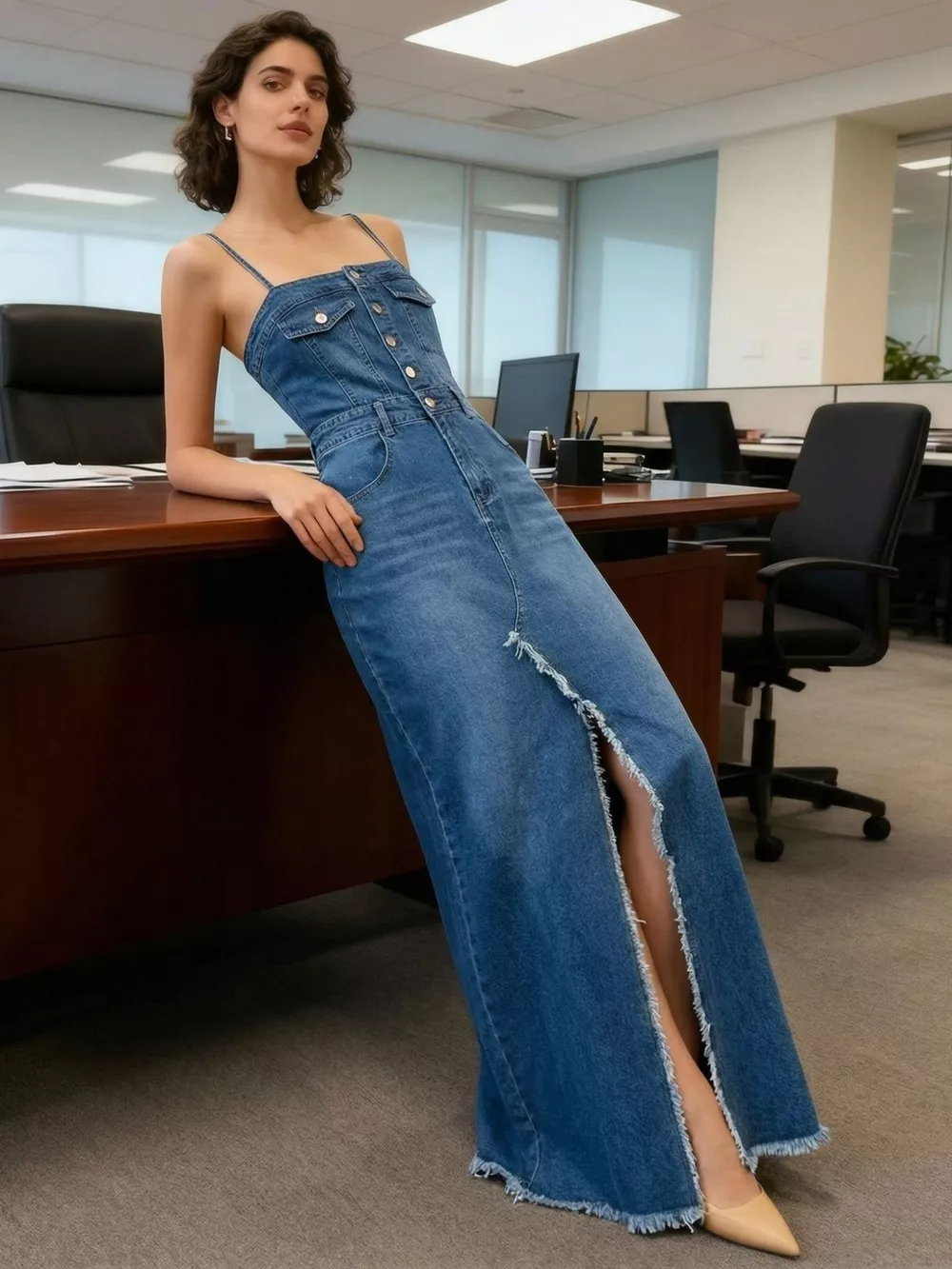 Sleeveless Frayed Hem Slit Denim Dress, image 2