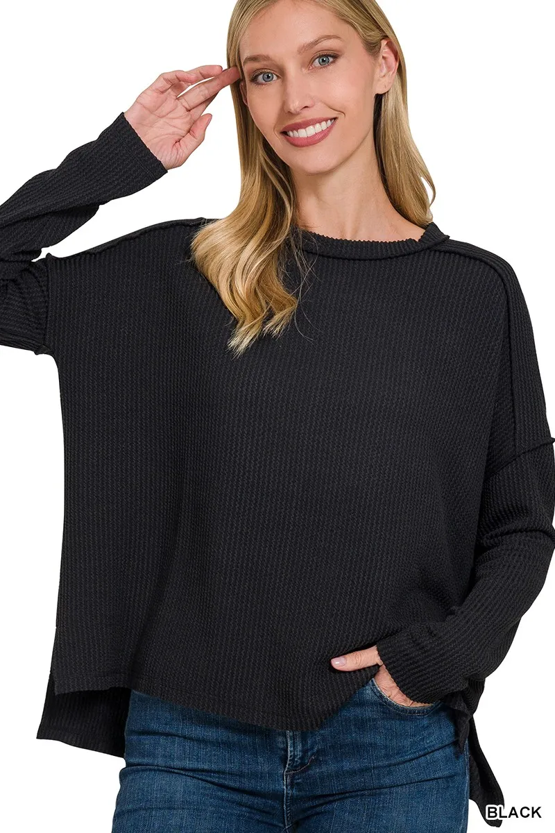 Full Size Exposed Seam Long Sleeve Corded Rib Knit Top Plus Size, image 4