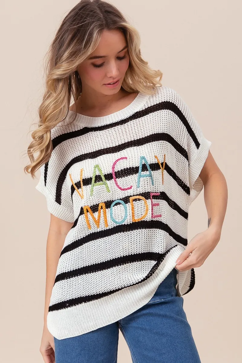 Vacay Mode Lettering Drop Shoulder Striped Sweater, image 14