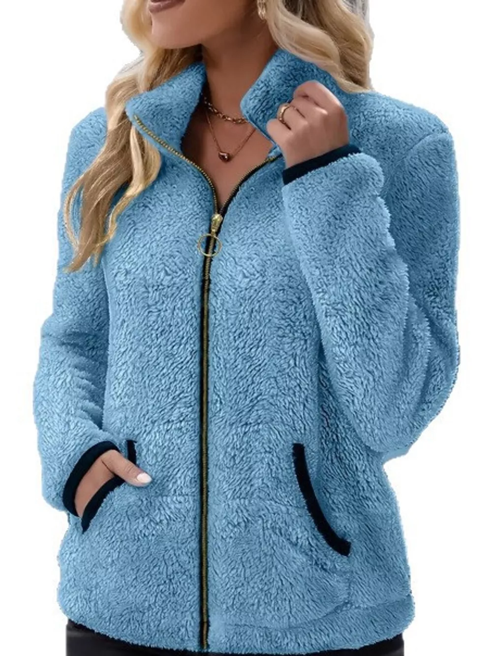 Full Size Fleece Zip-Up Jacket with Contrast Trim Plus Size, image 16