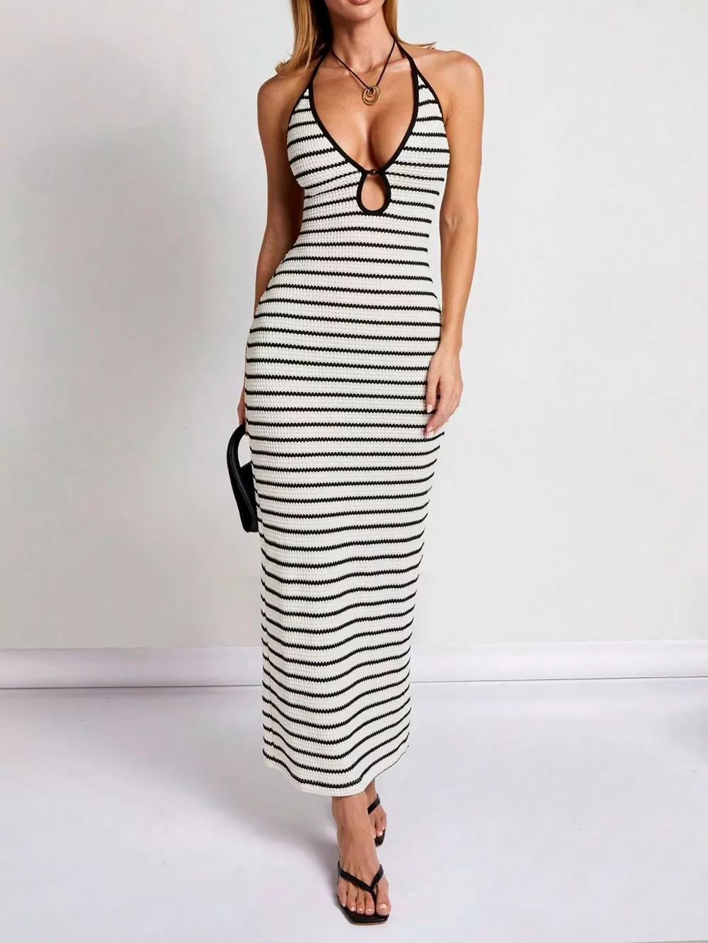 Striped Halter Neck Maxi Dress, image 2