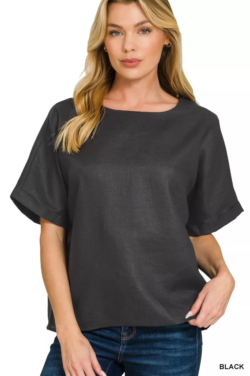 Linen Round Neck Cuffed Sleeve Top