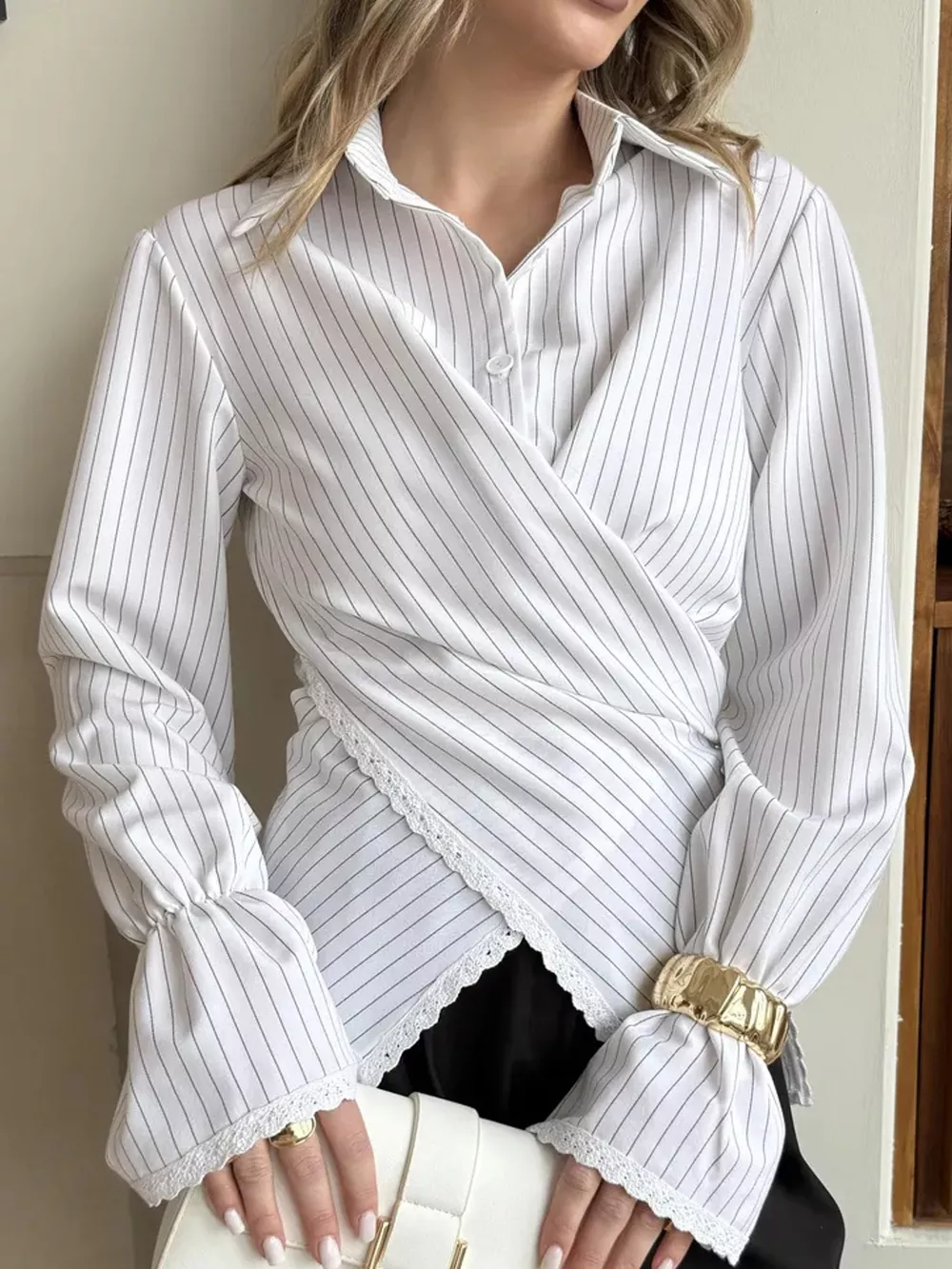 Lace Trim Long Sleeves Striped Shirt, image 8