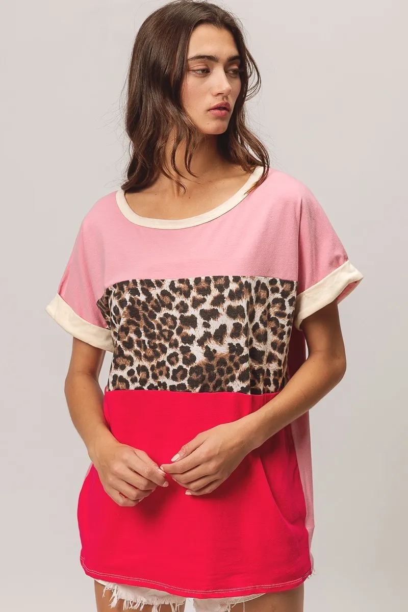 Leopard Printed Jersey Color Block Roll Up