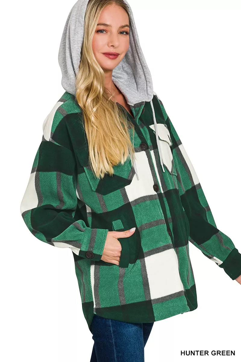 Plaid Drawstring Hooded Fleece Shacket, image 3
