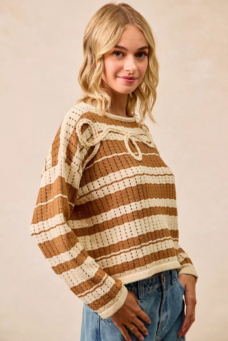 Striped Open Knit Sweater Top with Front Braided Detail, image 4