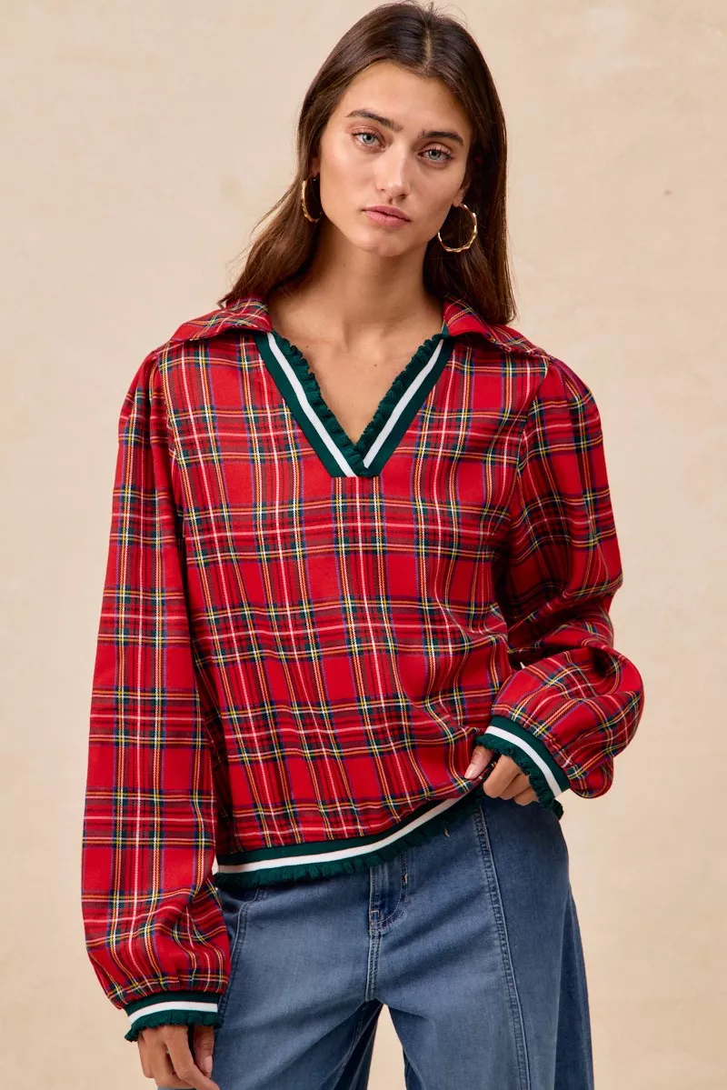 Christmas Plaid Collared Top with Ruffled Detail, image 3
