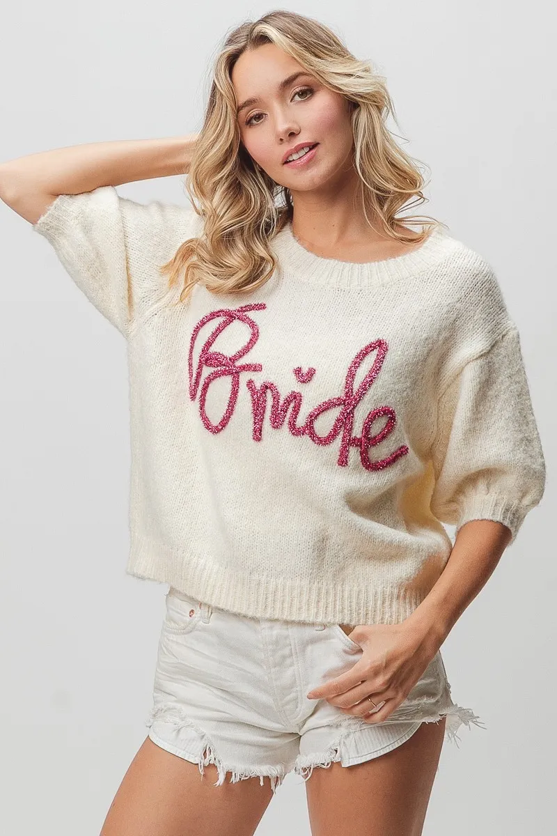 Metallic Letter Short Puff Sleeve Hairy Sweater, image 6