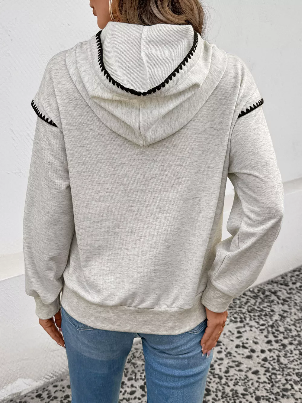 Contrast Trim Drawstring Hoodie with Kangaroo Pocket, image 10