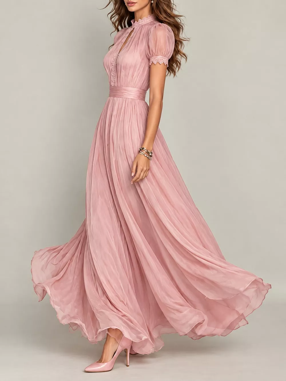 Full Size Elegant Sheer Chiffon Mock-Neck Maxi Dress with Keyhole Detail Plus Size, image 9