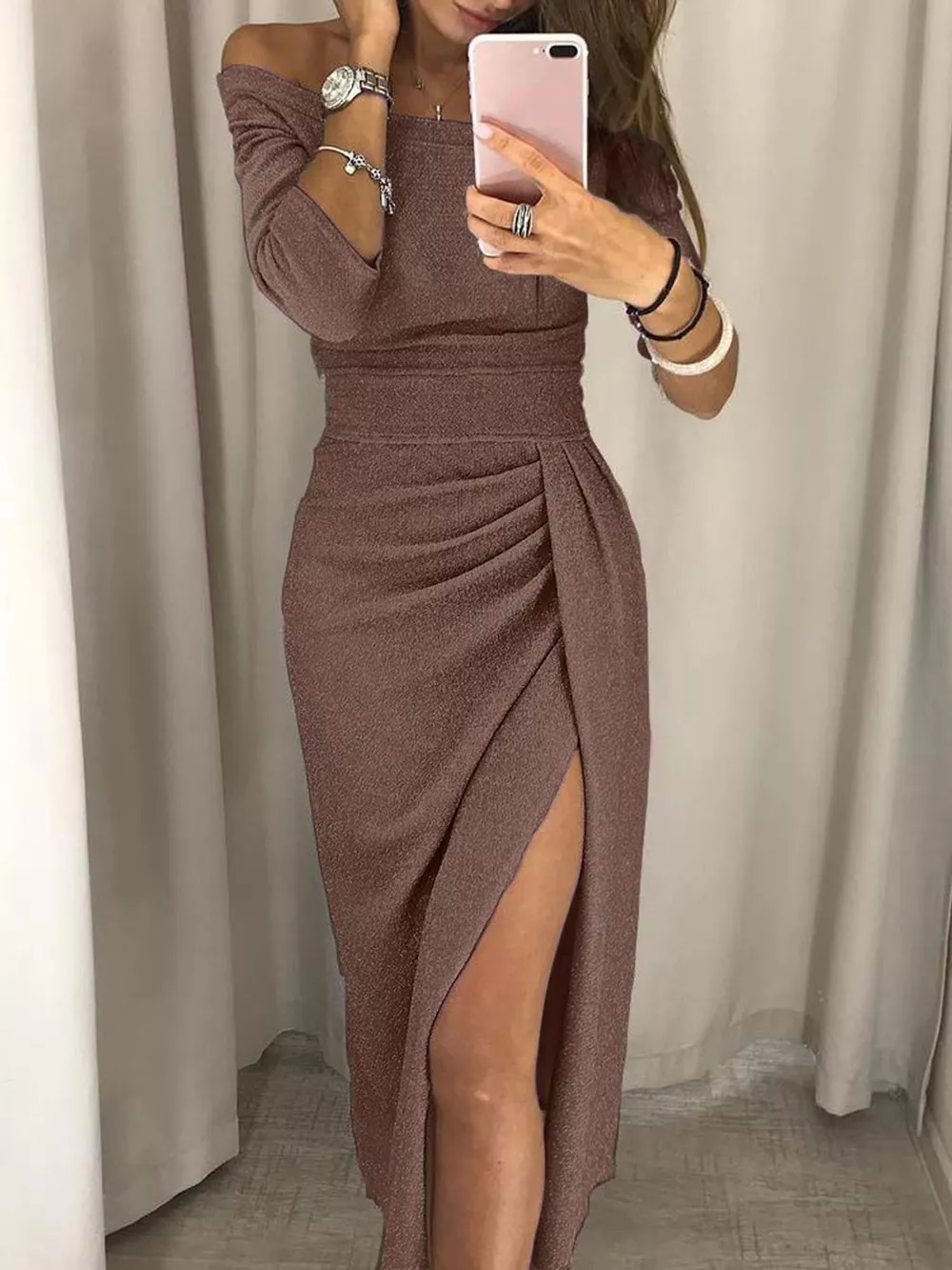 Full Size Off-Shoulder Ruched Slit Midi Dress Plus Size, image 7