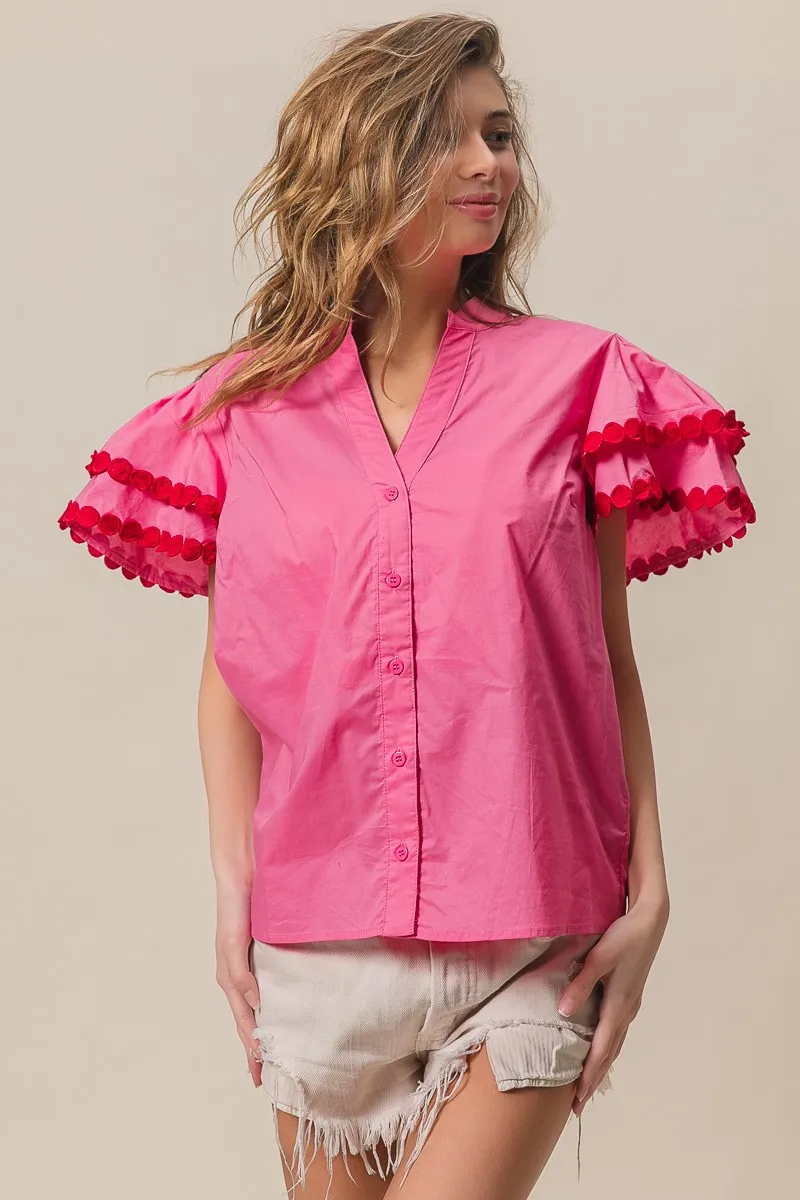 Dot Trim Flutter Sleeve Notched Top, image 9