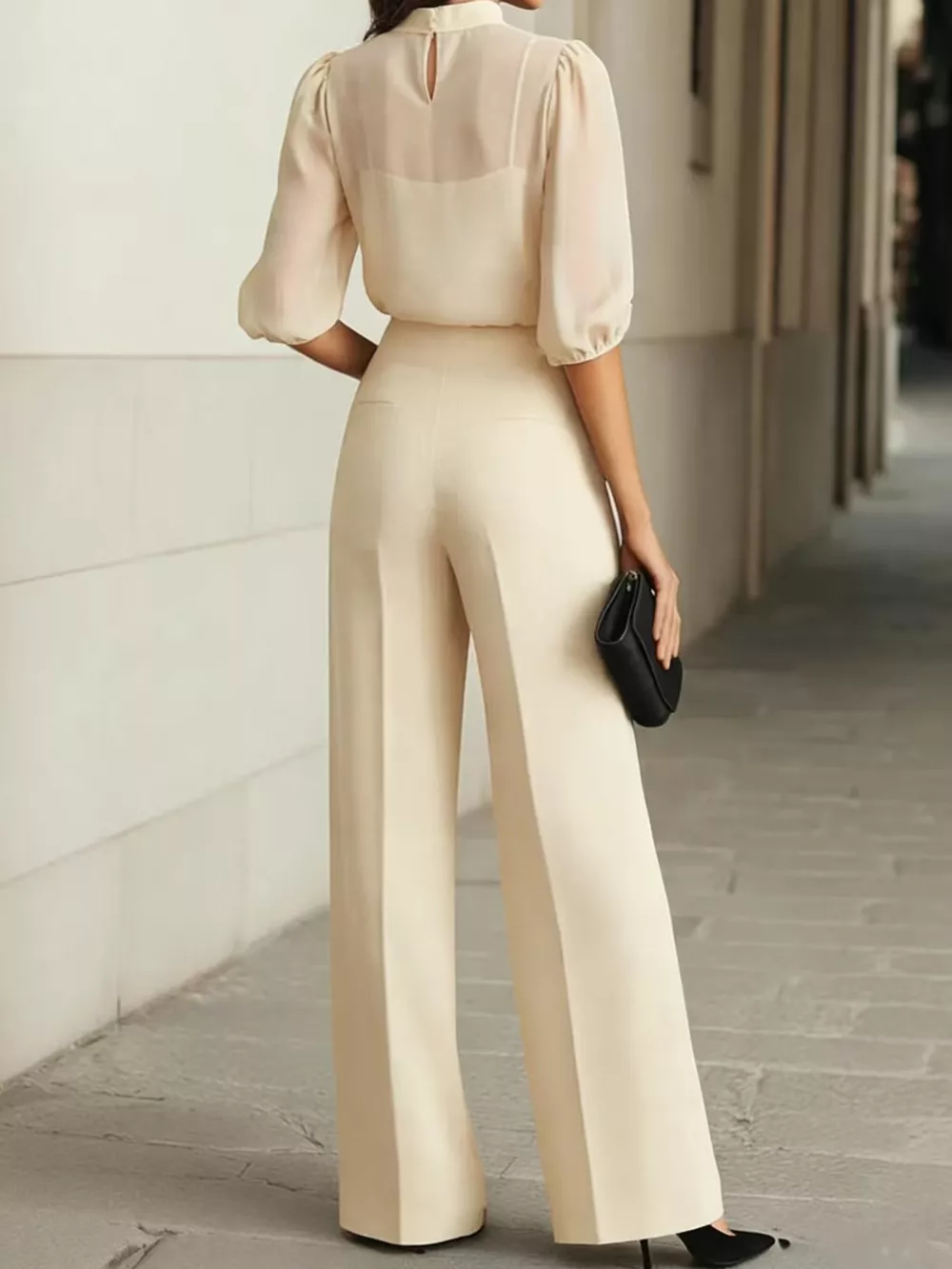 Mock Neck Puff Sleeve Top and Wide Leg Pants Set, image 10