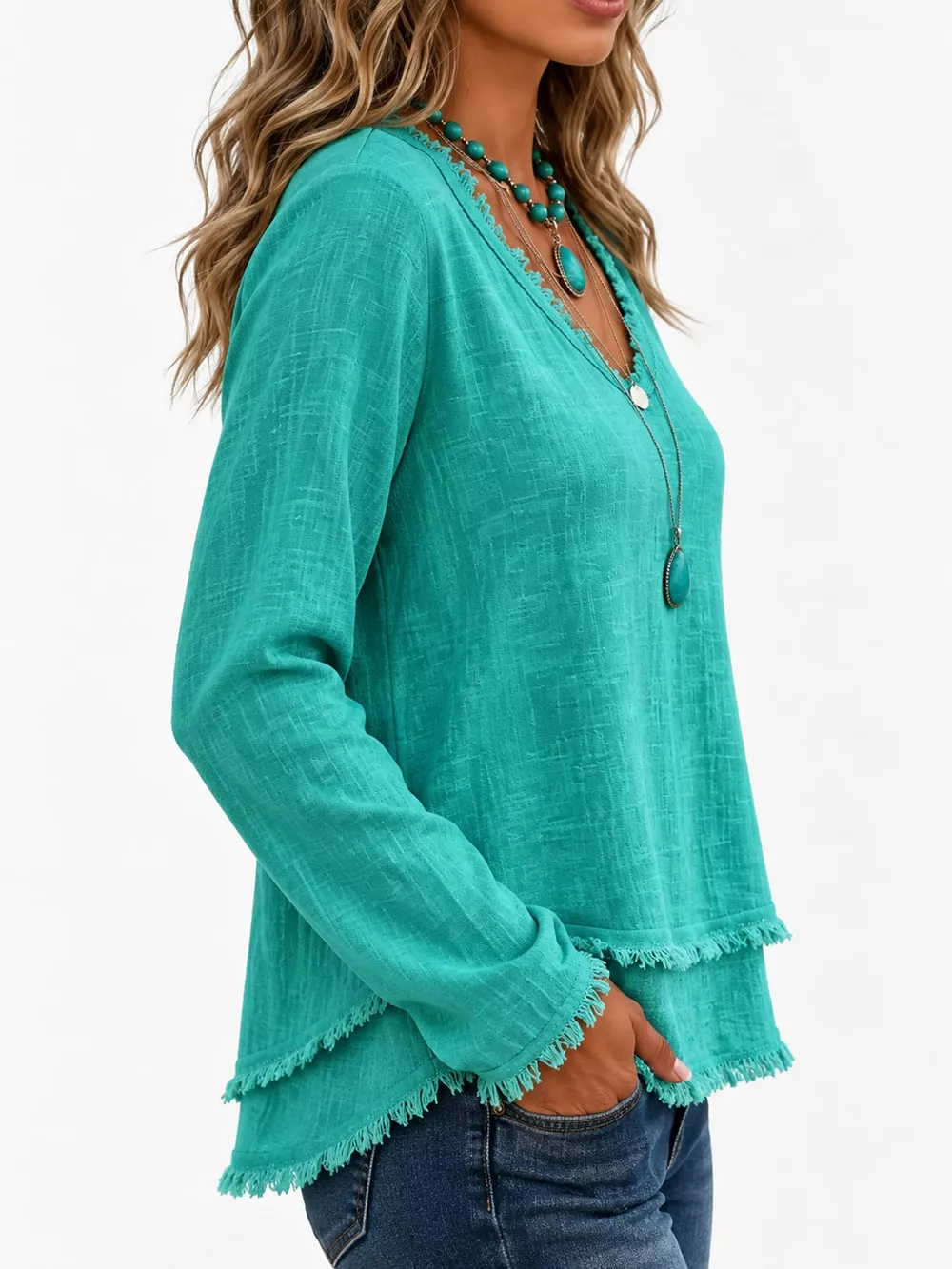 Full Size Frayed Hem V-Neck Long Sleeve Blouse Plus Size, image 42