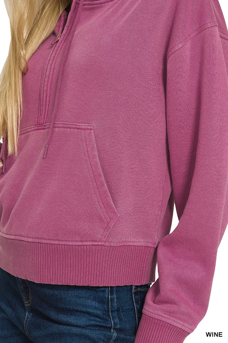 Fleece Pigment Dye Half Zip Kangaroo Pocket Hoodie, image 3