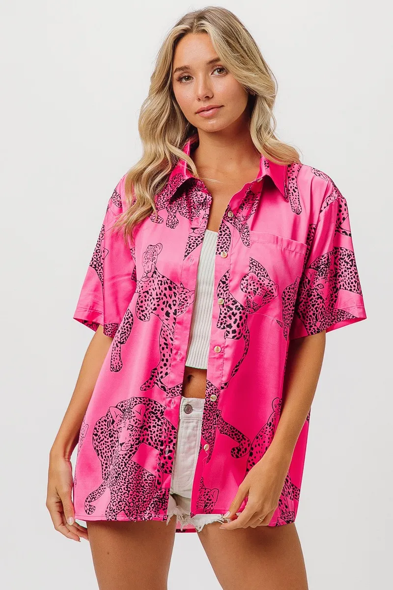 Leopard Print Short Sleeve Silky Satin Shirt Top, image 5