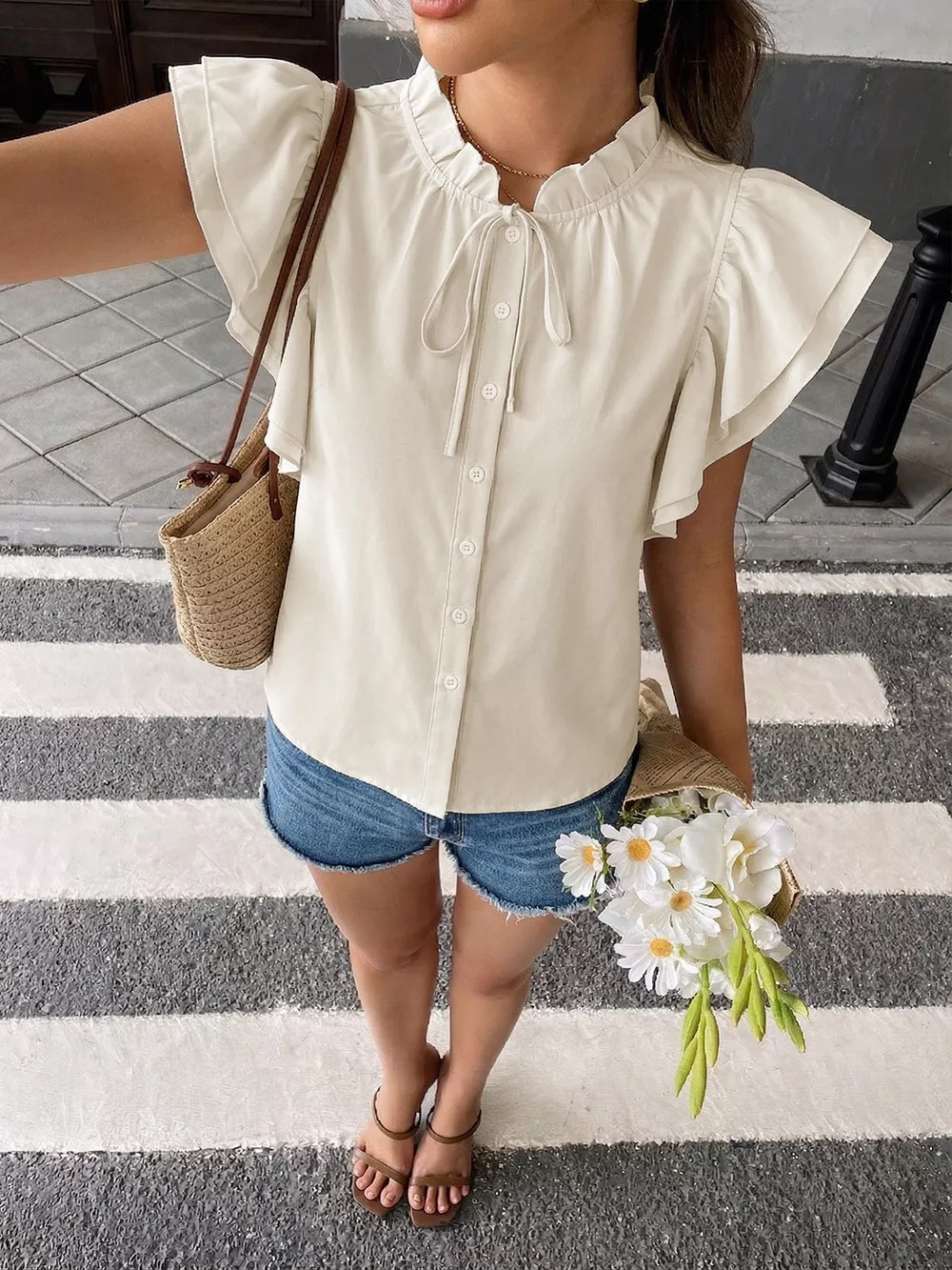 Ruffle Sleeve Tie-Neck Shirt, image 4