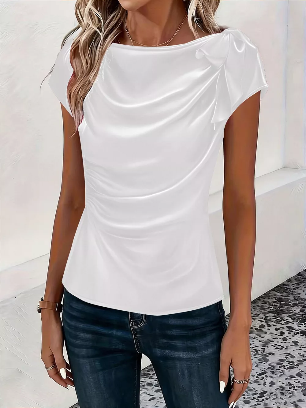 Ruched Short Sleeve Satin Top, image 9