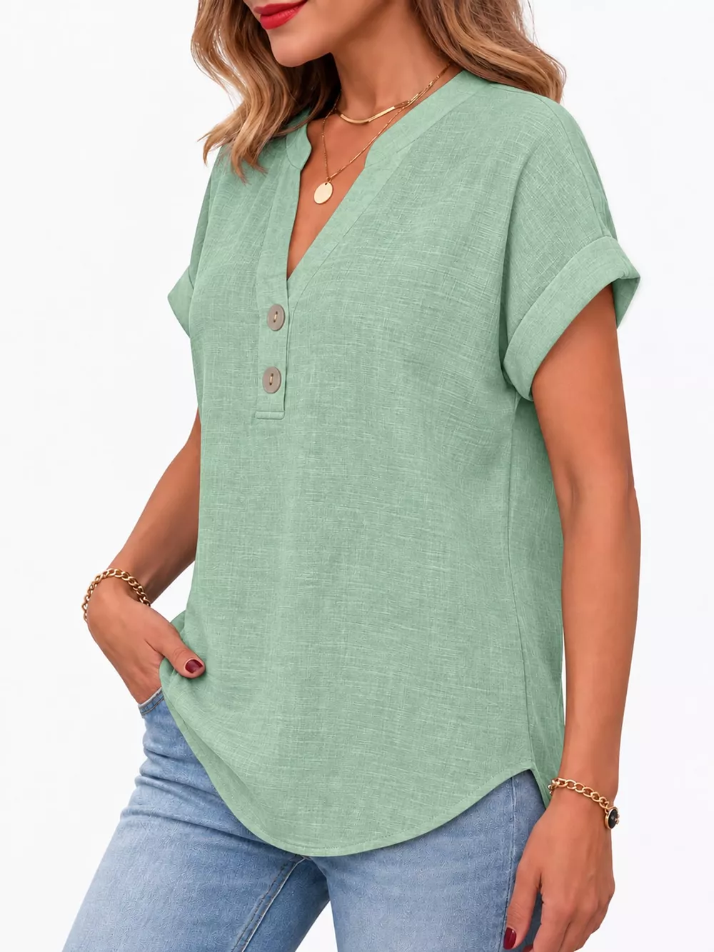 Full Size Button Detail Short Sleeve Blouse Plus Size, image 12